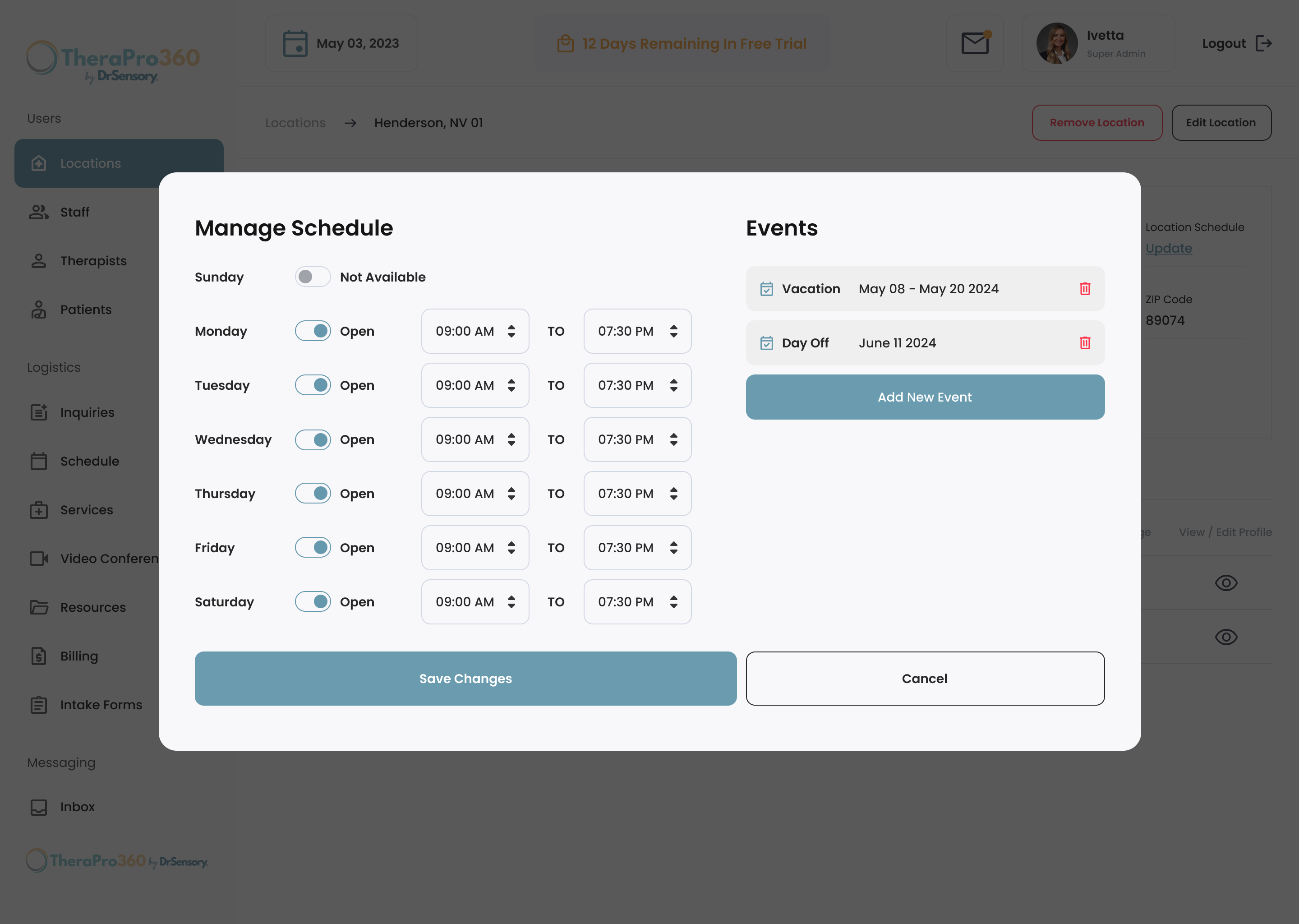 TheraPro360 manage schedule screen