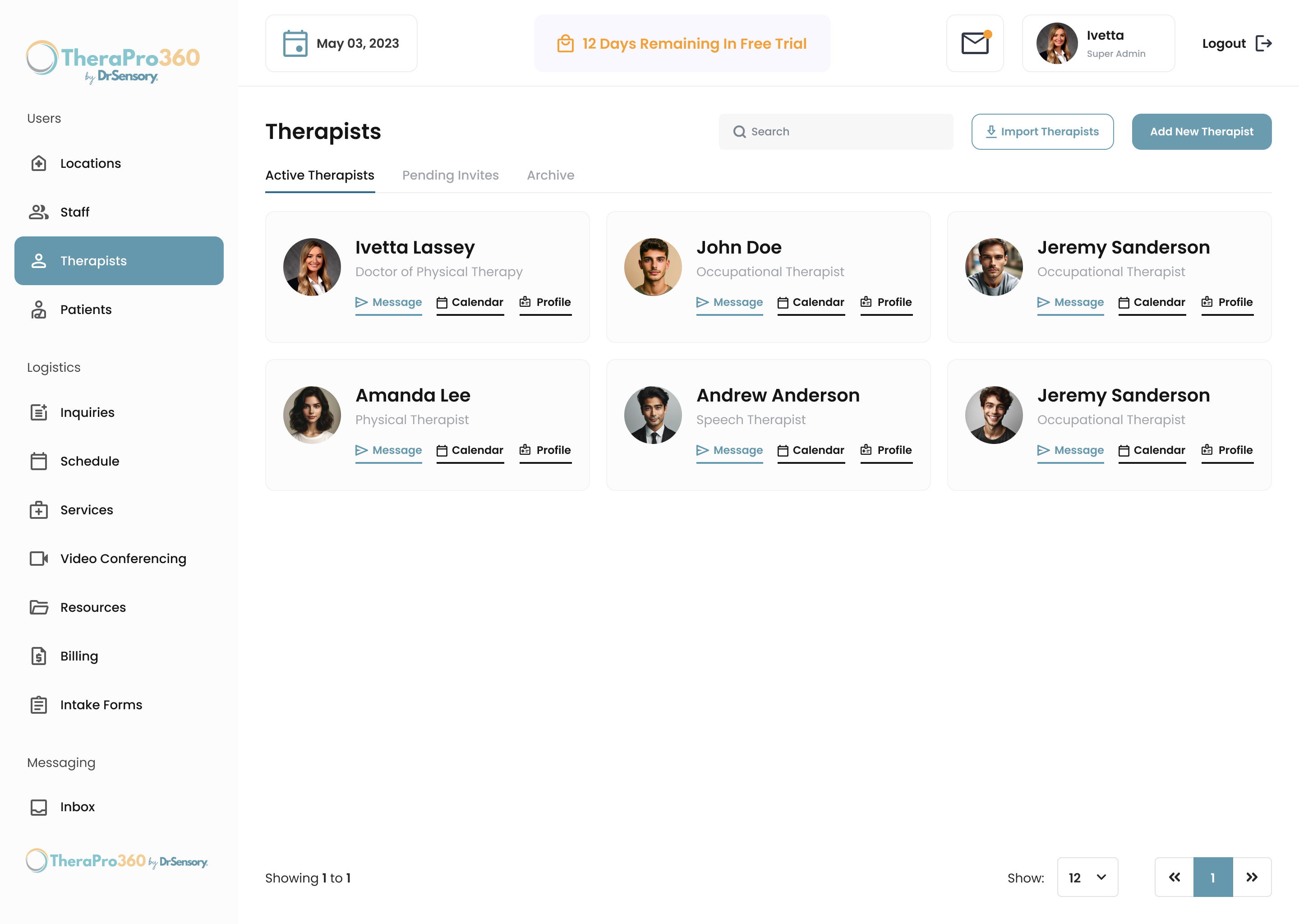 TheraPro360 active therapists management screen